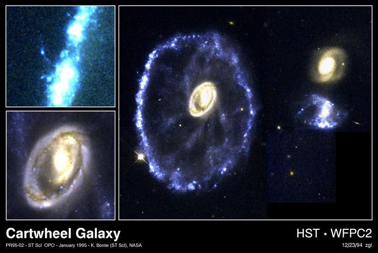 Galaktyka NGC 922, położona około 157 milionów lat świetlnych od Ziemi, utworzyła się na skutek zderzenia dwóch innych galaktyk. Jedną z nich przedstawia powyższa kompozycja - obraz w promieniach rentgenowskich z obserwatorium orbitalnego Chandra (oznaczony kolorem czerwonym) i obraz optyczny z Teleskopu Hubble'a (na niebiesko, różowo i żółto). Źródło: X-ray (NASA/CXC/SAO/A.Prestwich et al); Optical (NASA/STScI)