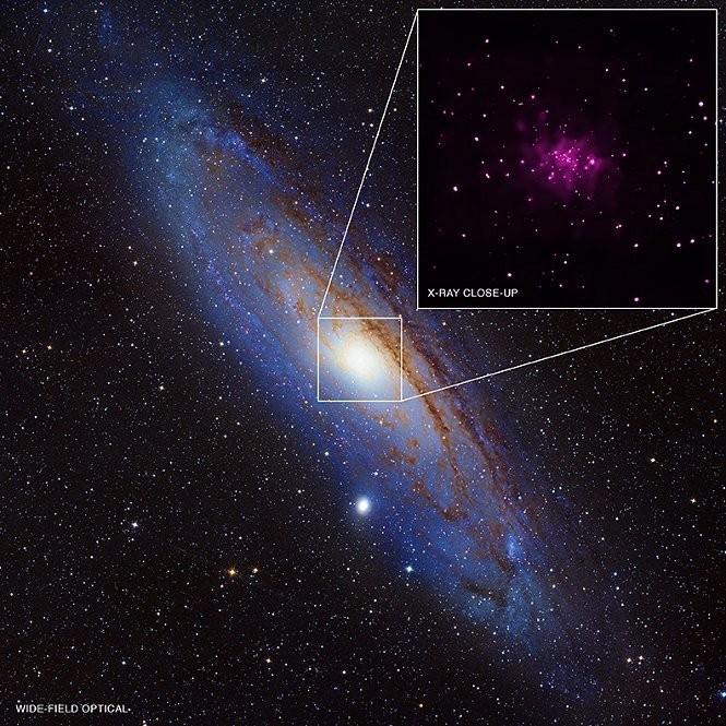 Obserwacje wykonane przy pomocy Kosmicznego Teleskopu Chandra pozwoliły na identyfikację 26 kandydatów na czarne dziury w sąsiadującej z Drogą Mleczną galaktyce Andromedy. Żródło: NASA/CXC/SAO/R. Barnard, Z. Lee et al.; Optical: NOAO/AURA/NSF/REU Program/B. Schoening, V. Harvey and Descubre Foundation/CAHA/OAUV/DSA/V. Peris