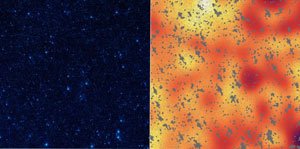 Po lewej: przekrój przez całe niebo - w kierunku gwiazdozbioru Wolarza, w podczerwieni. Po prawej: to sam, ale w innej skali kolorystycznej. Tu galaktyki i inne znane źródła promieniowania podczerwonego zostały przedstawione w szarościach. Pozostaje wówczas doskonale tu widoczny, plamisty "róż". Astronomowie próbują wciąz zbadać, skąd może on pochodzić. Źródło: NASA / JPL-Caltech / UC Irvine