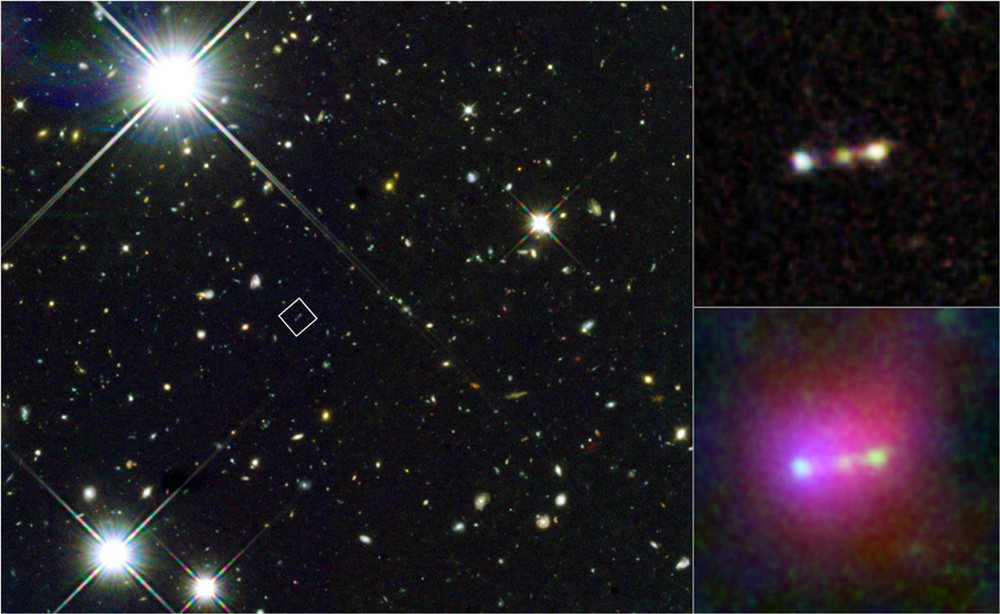 Struktura Himiko – mergera złożonego z trzech młodych, jasnych galaktyk, jakie byłyby widziane w bardzo wczesnym Wszechświecie. Po lewej: Himiko i inne odległe galaktyki. Źródło: NASA/HST. Na górze, po prawej: Zbliżenie na Himiko (NASA/HST). Nieco niżej, po prawej: Himiko z dodatkowymi danymi z Kosmicznego Teleskopu Spitzera i Teleskopu Subaru, źródło: NASA/HST; NASA/Spitzer; NAOJ/Subaru. 