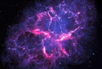 Słynna M1 - Mgławica Krab. Połączenie zdjęć w świetle widzialnym i w podczerwieni. Najnowsze badania wykonane przy pomocy Teleskopu Herschela sugerują obecność tu jonów argonowych – pierwszych molekuł gazu szlachetnego, jakie wykryto w przestrzeni kosmicznej. Źródło: Herschel: ESA / SPIRE / PACS / MESS GTKP Supernova Remnant team; Hubble: NASA / Allison Loll (ESA) / Jeff Hester (ASU)