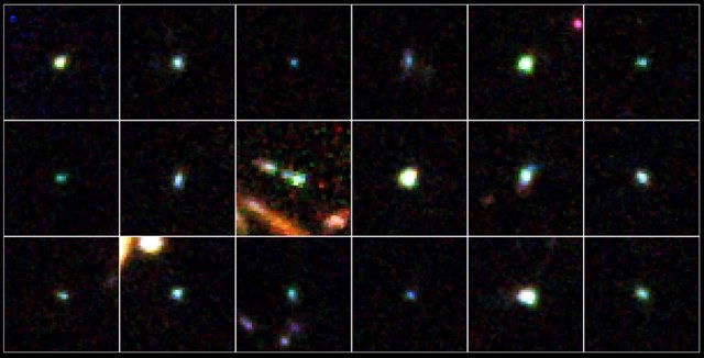 18 galaktyk karłowatych - obiektów, w których zapoczątkowane zostały procesy gwiazdotwórcze. Źródło: NASA/ESA/A. van der Wel (Max Planck Institute for Astronomy)/H. Ferguson and A. Koekemoer (Space Telescope Science Institute)/The CANDELS team
