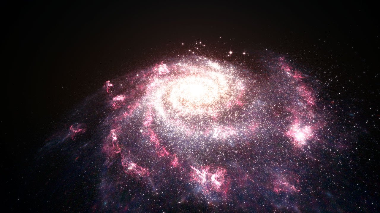 Ilustracja przedstawia galaktykę w trakcie burzy formacji gwiazdowej. Gwałtowna produkcja gwiazd znana jest z tego, że wpływa na dalszą ewolucję galaktyki jednak badaczom udało się pokazać, że to oddziaływanie jest znacznie silniejsze niż dotychczas sądzono. Wiatr generowany przez nowo narodzone gwiazdy jonizuje gaz znajdujący się w odległości 650.000 lat świetlnych od centrum galaktyki. Żródło: ESA, NASA 