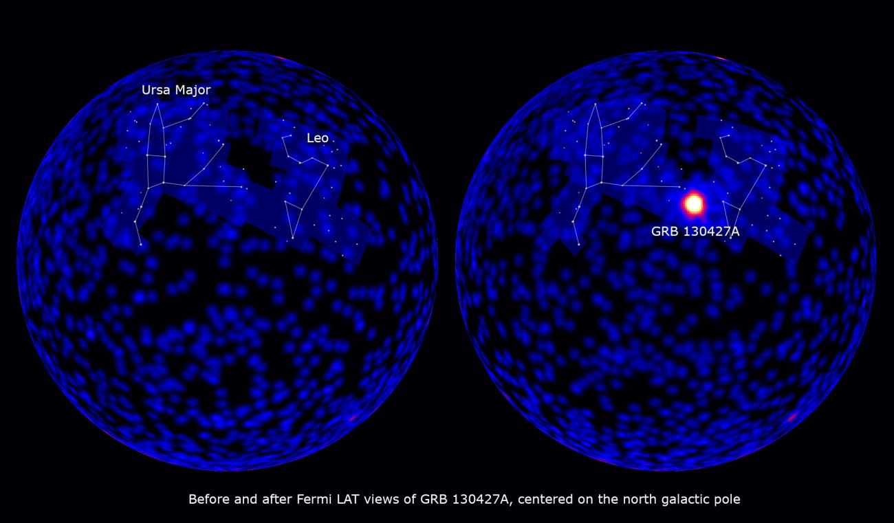 Mapa nieba widzianego przez przez Kosmiczne Obserwatorium Fermi przed i w trakcie błysku GRB 130427A. Źródło:  wikimedia.org