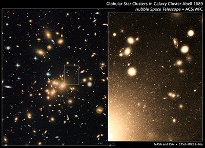 Zaglądając głęboko w serce masywnej gromady galaktyk Abell 1689 Kosmiczny Teleskop Hubble'a wykrył ponad 160 000 gromad kulistych – więcej, niż kiedykolwiek znaleziono w jednym układzie. Źródło: NASA/ESA/J. Blakeslee/K. Alamo-Martinez 