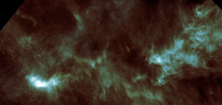 Mapa obłoku molekularnego w gwiazdozbiorze Byka widzianego w podczerwieni przez teleskop Herschel. Obłok znajduję się około 450 lat świetlnych od Ziemi i stanowi najbliższy, duży obszar, w którym mogą formować się gwiazdy. Zdjęcie obejmuje pole widzenia około 1 x 2 minut łuku. Źródło: ESA 