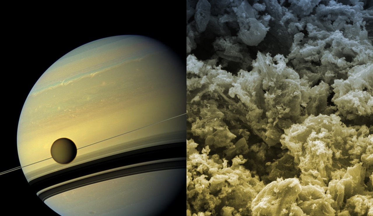 Po lewej - Saturn z księżycem Tytan, sfotografowany przez sondę Cassini, po prawej - powierzchni węgla aktywowanego NORIT ze skaningowego mikroskopu elektronowego FEI Nova NanoSEM 450. Źródło: Źródło: NASA/JPL-Caltech/Space Science Institute, IChF PAN.