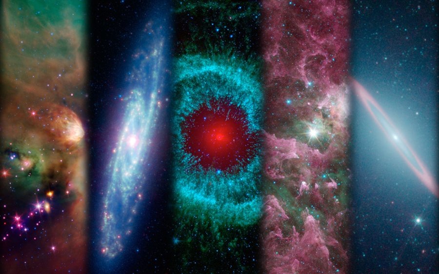 Mozaika różnych zdjęć wykonanych przez Kosmiczny Teleskop Spitzera w ciągu minionych dziesięciu lat. /Źródło: ASA/JPL-Caltech