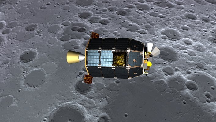Artystyczna wizja sondy LADEE, która znaduje się na orbicie Księżyca blisko jego powierzchni. Źródło: NASA Ames / Dana Berry
