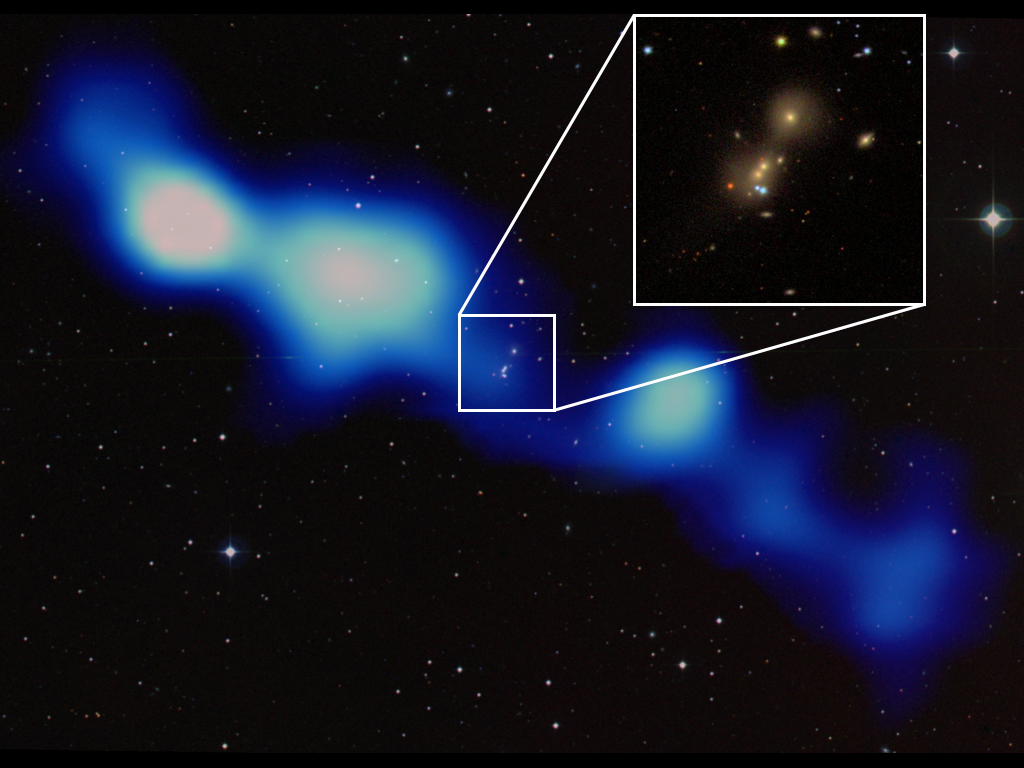 Obraz z LOFAR-a nowej gigantycznej radiogalaktyki (kolor niebiesko-biały) nałożony na zdjęcie optyczne (z przeglądu Digitized Sky Survey). Ramka pokazuje centralny triplet galaktyk (z przeglądu Sloan Digital Sky Survey). Cały obraz obejmuje obszar o średnicy około 6 mln lat świetlnych.  Radiogalaktyka to rodzaj galaktyki z aktywnym jądrem o rozległych strukturach radiowych. Aktywne jądro galaktyki (AGN), napędzane energią supermasywnej czarnej dziury, zdolne jest wyrzucać świecącą radiowo materię na olbrzym