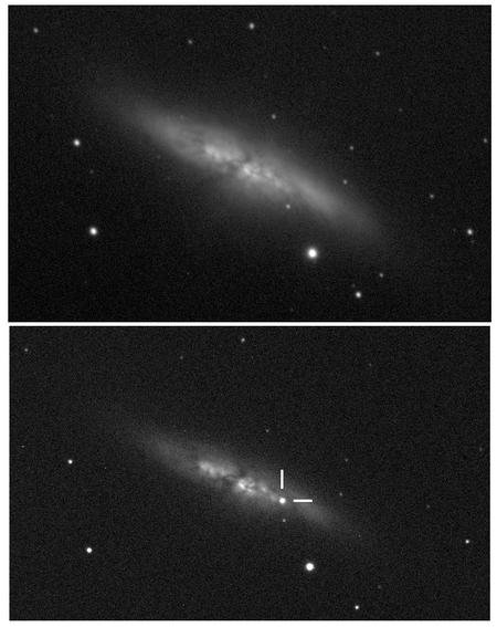 Dwa zdjęcia przedstawiające galaktykę M 82 przed i w trakcie zjawiska. Zdjęcie powyżej wykonano 10 grudnia 2013 roku, zaś poniżej 21 stycznia 2014 roku. Na zdjęciu bardzo dobrze widoczna jest jasna plamka, mimo że była to krótka ekspozycja i pozostała część galaktyki wydaje się ciemna. Źródło: UCL/University of London Observatory/Steve Fossey/Ben Cooke/Guy Pollack/Matthew Wilde/Thomas Wright