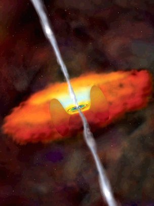 Wizja artystyczna galaktyki aktywnej z centralną czarną dziurą i strugami relatywistycznej plazmy wypływającymi z jej środka.