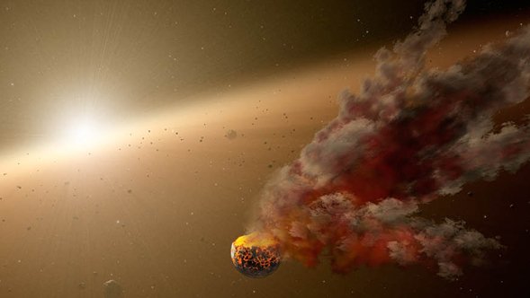 Na zdjęciu: Artystyczna wizja zderzenia asteroid znajdujących się w dysku pyłowym wokół NGC 2547-ID8. Źródło: NASA/JPL-Caltech