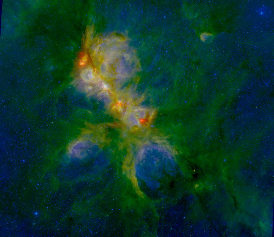 Mgławica NGC 6334, 5,5 tys. lat świetlnych od Ziemi. Kolor czerwony reprezentuje obserwacje Herschela na linii 70 mikrometrów (podczerwień), kolor zielony to dane z IRAC na 8 mikrometrach, a kolorem niebieskim zaznaczono dane z NEWFIRM (1 mikrometr). Obszar ten ma szerokość około 70 lat świetlnych. Źródło : S. Willis (CfA+ISU); ESA/Herschel; NASA/JPL-Caltech/ Spitzer; CTIO/NOAO/AURA/NSF
