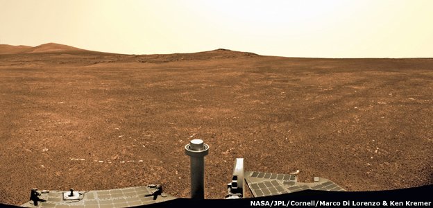 Panorama obrazująca "Solander Point", miejsce kolejnych badań Opportunity. Łazik ma zamiar dotrzeć tam w sierpniu tego roku. Źródło: bbc.co.uk