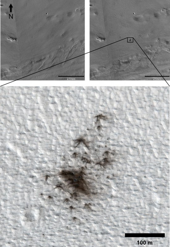 Zdjęcia z sondy Mars Reconnaissance Orbiter, które dokumentują nowo powstałą grupę kraterów na Marsie. Zdjęcie u góry po lewej zostało wykonane 15.08.2010 r., a po prawej 24.05.2011 r. Źródło: NASA/JPL-Caltech/MSSS/Univ. of Arizona.