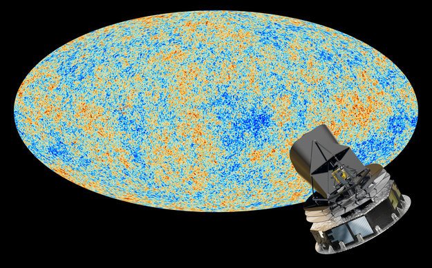 Mapa anizotropowego mikrofalowego promieniowania tła (CMB) zaobserwowana przez satelitę Planck. CMB jest najstarszym, obserwowanym światłem we Wszechświecie. Źródło: ESA, Kolaboracja Planck