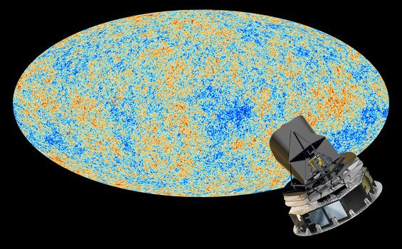 Planck i mapa mikrofalowego promieniowania tła. Źródło: ESA