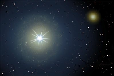 Rysunek wyobrażający kwazar świecący z centrum swojej macierzystej galaktyki. Rys.: Gemini/Jon Lomberg 