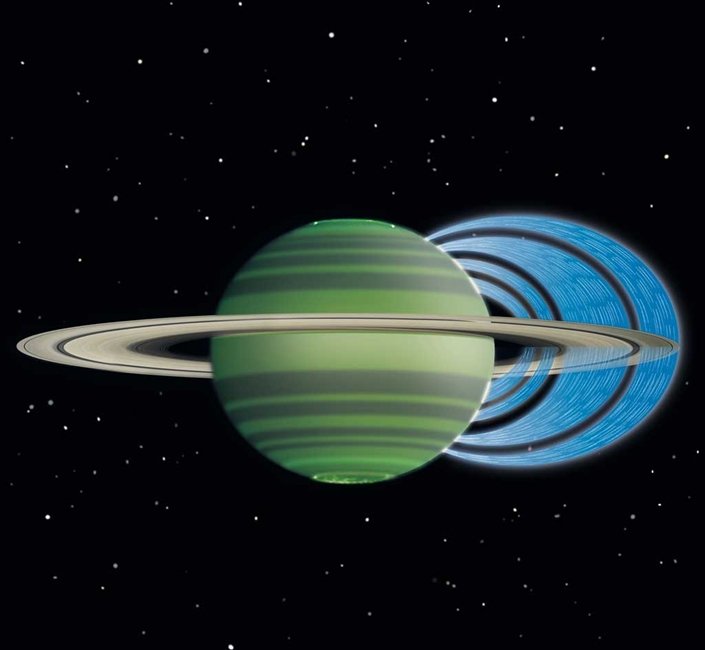 Koncepcja artystyczna ukazująca, jak naładowane cząsteczki wody przepływają do atmosfery Saturna z jego pierścieni, powodując przy tym zmniejszenie się jego jasności atmosferycznej. Źródło: NASA/JPL-Caltech/Space Science Institute/University of Leicester 