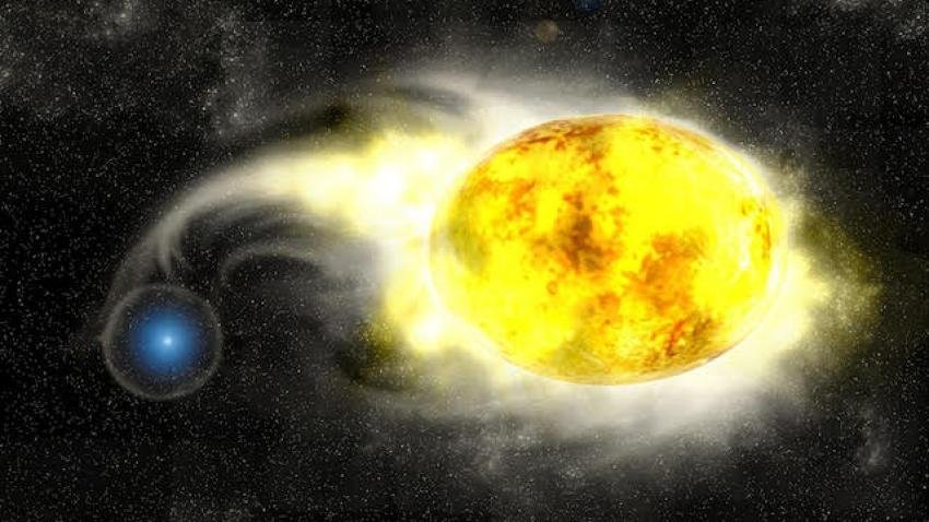 Wizja artystyczna żółtego nadolbrzyma w ciasnym układzie podwójnym z niebieską gwiazdą ciągu głównego.