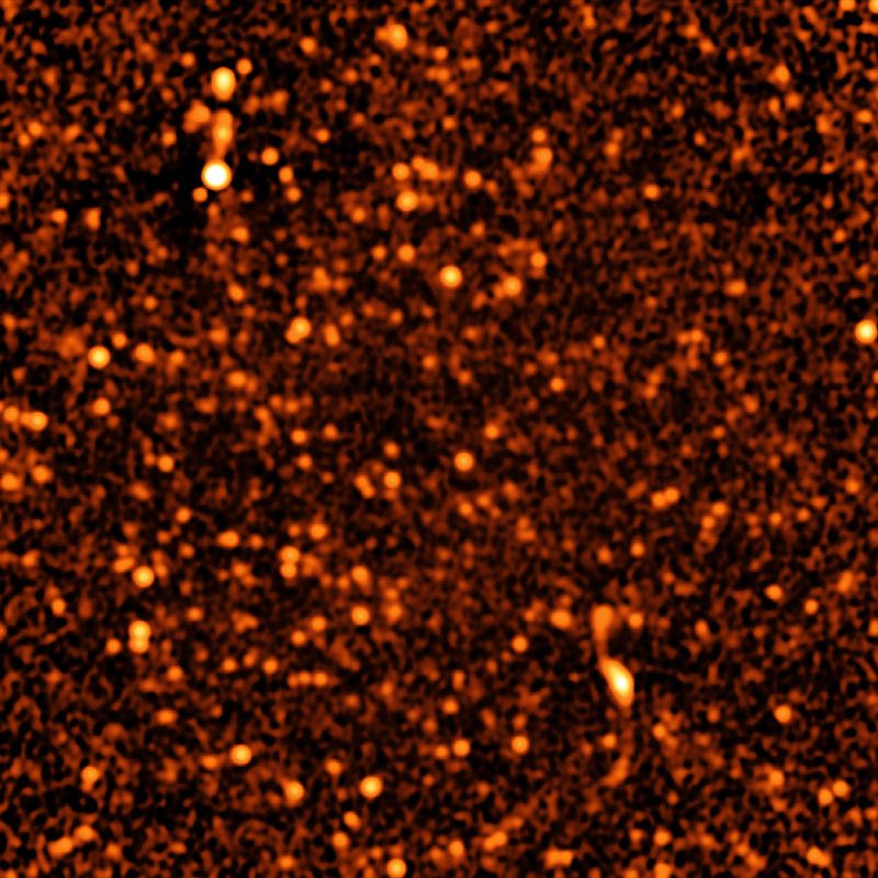 Obraz VLA ukazujący zaledwie mały wycinek przestrzeni pozagalaktycznej, na którym zidentyfikowano około 2.000 obiektów. Wycinek stanowi zaledwie jedną milionową część całego nieba. (Źródło: Condon, et al., NRAO/AUI/NSF)