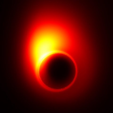 Obraz stworzony dzięki symulacjom komputerowym. Pokazuje on, jak bardzo silna grawitacja w M87 zakrzywia powstającą tu strukturę dżetu w pobliżu horyzontu zdarzeń. Część promieniowania tego dżetu zagina się w rodzaj pierścienia nazywanego "cieniem" czarnej dziury. (Źródło: Avery E. Broderick (Perimeter Institute & University of Waterloo))