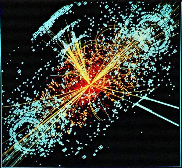 Symulacja zderzenia dwu protonów w LHC powodujących powstanie bozonu Higgsa. Źrodło: cms-project-cmsinfo.web.cern.ch