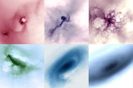 Symulacje przedstawiające różne etapy powstawania galaktyki karłowatej, zawierające ciemną materię i wiatry supernowej. Końcowy kształt galaktyki odpowiada obserwacjom. Źródło: F. Governato