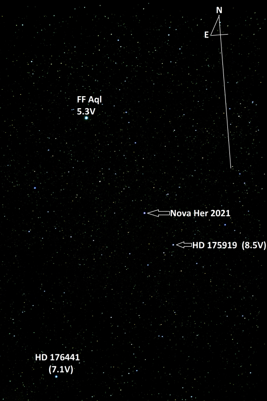 W dniu 12 czerwca odkryto gwiazdę nową w gwiazdozbiorze Herkulesa – Nova Her 2021. Po Nova Cas 2021 jest to już druga w tym roku nowa widoczna gołym okiem na naszym niebie, ponieważ choć przez parę godzin osiągnęła jasność wizualną ~6 mag. Jej jasność bardzo szybko spada (~1 mag na dobę) i wieczorem 15 czerwca już jest tylko ~9.4 mag. Aktualnie w widmie dominują przepiękne prostokątne profile emisyjne linii wodoru. Spieszmy się, by jeszcze ją zobaczyć lub sfotografować.  Odkryta 12 czerwca 2021 roku gwiazda