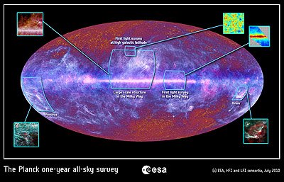Obraz całego nieba powstał dzięki nałożeniu na siebie danych zarejstrowanych przez odbiorniki satelity Planck czułe na różne długości fali od 30 do 857 GHz.  Źródło: ESA