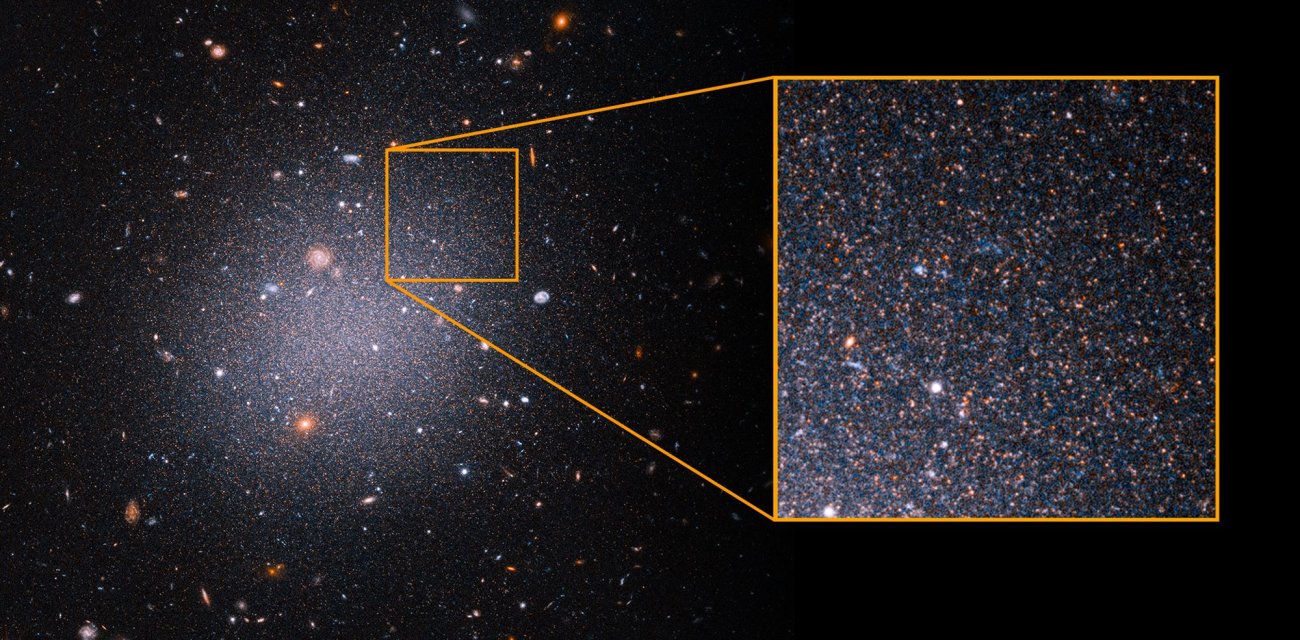 Zdjęcie z HST przedstawia próbkę starzejących się, czerwonych gwiazd w ultra-rozproszonej galaktyce NGC 1052-DF2. 