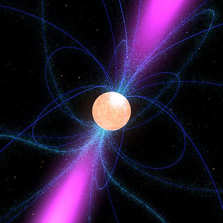Kosmiczna latarnia. Wizja artysty przedstawiająca szybko rotujący pulsar emitujący strugi promieniowania. Źródło: NASA 