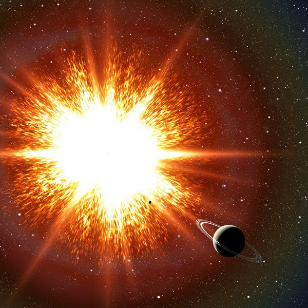   Wizja artysty przedstawiająca eksplozję supernowej, która za chwilę unicestwi planetę podobną do Saturna. Najnowsze badania astronomów pokazują, że eksplozja supernowej typu Ia może być opóźniona w wyniku rotacji białego karła. Źródło: David A. Aguilar (CfA)