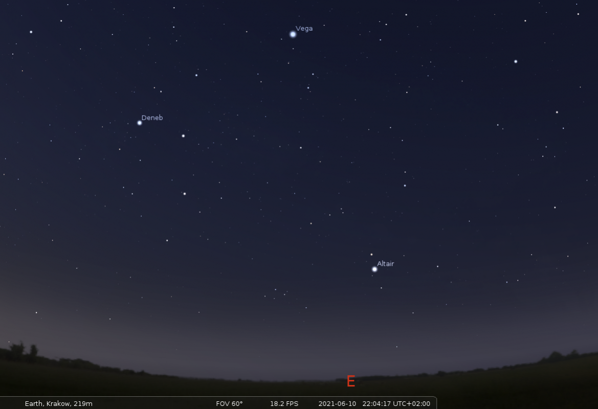 Niebo nad Krakowem, 10 czerwca 2021 r. po godzinie 22:00. Źródło: Stellarium.