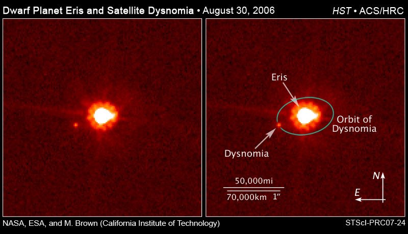 Karłowata planeta Eris oraz jej ksiezyc Dysnomia sfotografowana przez Kosmiczny Teleskop Hubble'a. Źródło: NASA, ESA, M.Brown (California Institute of Technology)