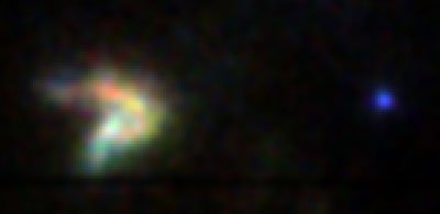 Zdjęcie z satelity XMM-Newton przedstawia młodą i bardzo jasną pozostałość po wybuchu supernowej G350.1-0.3 (z lewej) oraz towarzyszącą mu gwiazdę neutronową (z prawej). Źródło: ESA/ XMM-Newton/ EPIC (Gaensler et al.)