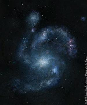 Artystyczna wizja galaktyki BX442 i towarzyszącej jej galaktyki karłowatej widocznej w lewym górnym rógu. Źródło: Dunlap Instytut Astronomy & Astrophysics / Joe Bergeron