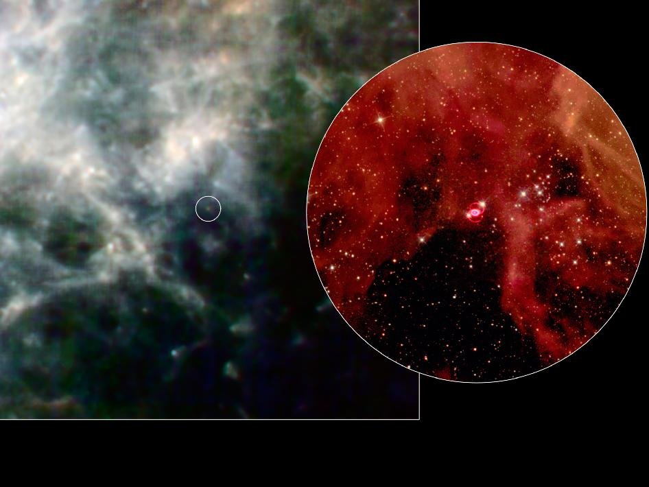 Porównanie dwóch fotografii pozostałości po supernowej SN 1987A. Lewy obraz pochodzi z Teleskopu Herschela, prawy - w powiększonej skali - przedsatawia ten sam obiekt widziany przez Teleskop Hubble'a. Image credit: ESA/NASA-JPL/UCL/STScI 