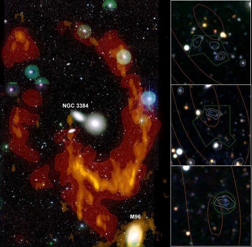 Na powyższym zdjęciu pierścienia Lwa w zakresie widzialnym pokazano rozmieszczenie gazu HI (na żółto i pomarańczowo). Po prawej stronie widzimy trzy gęste fragmenty pierścienia zidentyfikowane w świetle widzialnym. Źródło: CFHT/Astron - P.A. Duc