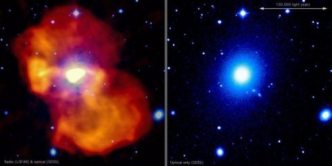 Galaktyka M87 pokazana w fałszywych kolorach. Kolor biały i niebieski odpowiada zakresowi optycznemu (z przeglądu Sloan Digital Sky Survey, SDSS), emisja radiowa pokazana jest na żółto i pomarańczowo (LOFAR). W centrum w zakresie optycznym jest bardzo duża jasność powierzchniowa, tam gdzie znajduje się dżet zasilany przez supermasywną czarną dziurę. Źródło: Francesco de Gasperin, LOFAR