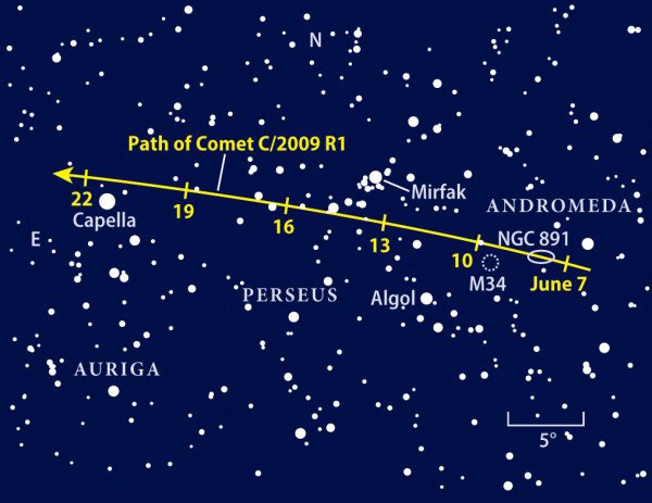  W połowie czerwca w Perseuszu pojawi się kometa C/2009 R1 (McNaught).W maksimum jasności i w sprzyjających warunkach powinna być widoczna gołym okiem. Za kometą będzie się rozciągłą długi warkocz, który będzie zakręcał w kierunku północnym. Źródło: Astronomy - Roen Kelly