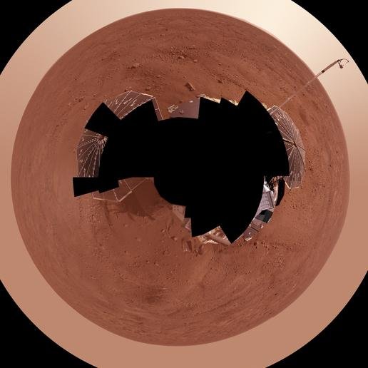 Panorama Marsa. Obraz powstał z połączenia ponad 400 zdjęć wykonanych w ciągu kilku pierwszych tygodni po wylądowaniu Phoenixa . Współrzędne lądownika: 68,22o szerokości północnej, 234,25o długości wschodniej. Południe na górze zdjęcia. W dolnej części widoczne ślady po pobranych próbkach. Z prawej maszt meteorologiczny. Źródło: NASA/JPL-Caltech/University Arizona/Texas A&M University