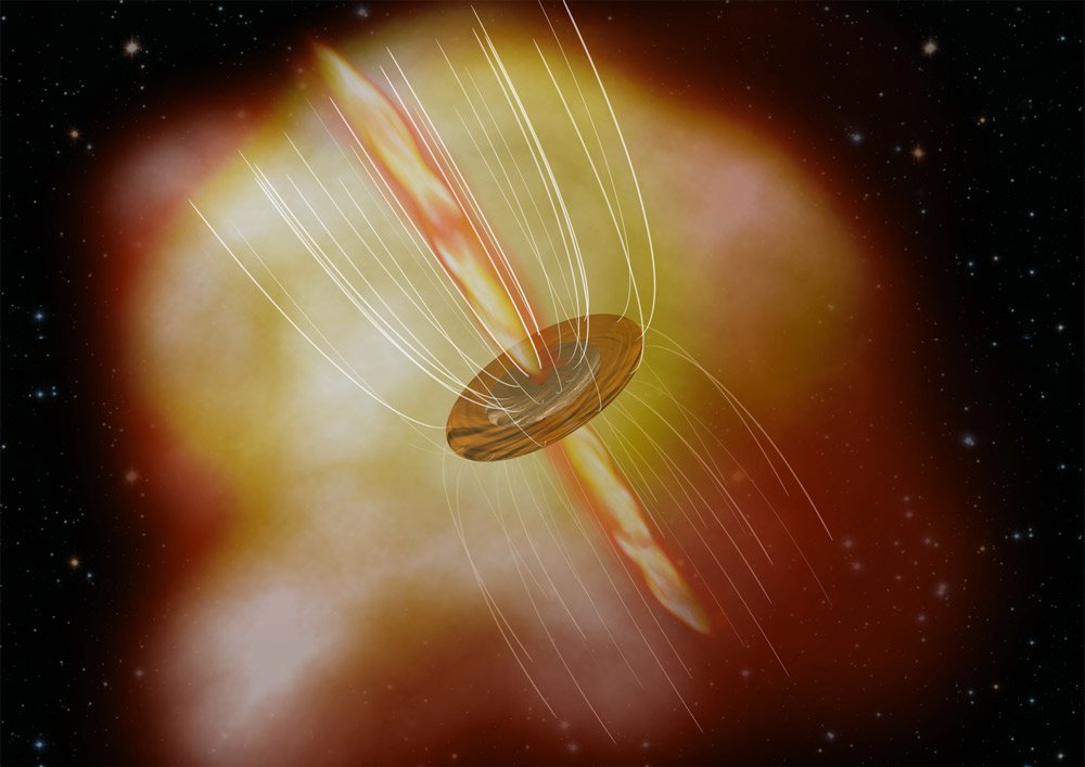 Wizja artysty przedstawiająca młodą masywną gwiazdę Cefeusz A HW2. Wąskie dżety promieniowania wychodzą z młodej gwiazdy, która jest ukryta wewnątrz otaczającego ją dysku pyłu i większego dysku gazu. Białe linie przedstawiają trójwymiarową strukturę pola magnetycznego, wzdłuż której materia spada na wolno rotujący dysk. Źródło: Tobias Maercker.