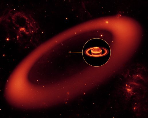 Artystyczna wizja pokazuje ledwo widoczny pierścień wokół Saturna – to największy pierścień Saturna odkryty przez Kosmiczny Teleskop Spitzera. Gdybyśmy mogli zobaczyć go na nocnym niebie rozciągałby się wokół planety na szerokość dwu tarcz naszego Księżyca. Źródło: NASA 