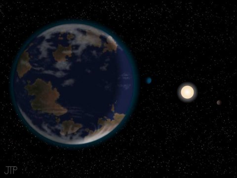  Artystyczna wizja planety HD40307g wraz z jej "Słońcem" - centrum układu, gwiazdą HD40307, i dwiema kolejnymi planetami w systemie (prawa strona obrazu). Pokazana tu atmosfera oraz zarysy kontynentów nie zostały w żaden sposób zaobserwowane - są jedynie efektem wyobraźni autora. Źródło: J. Pinfield (dla sieci RoPACS Uniwersytetu w Hertfordshire)