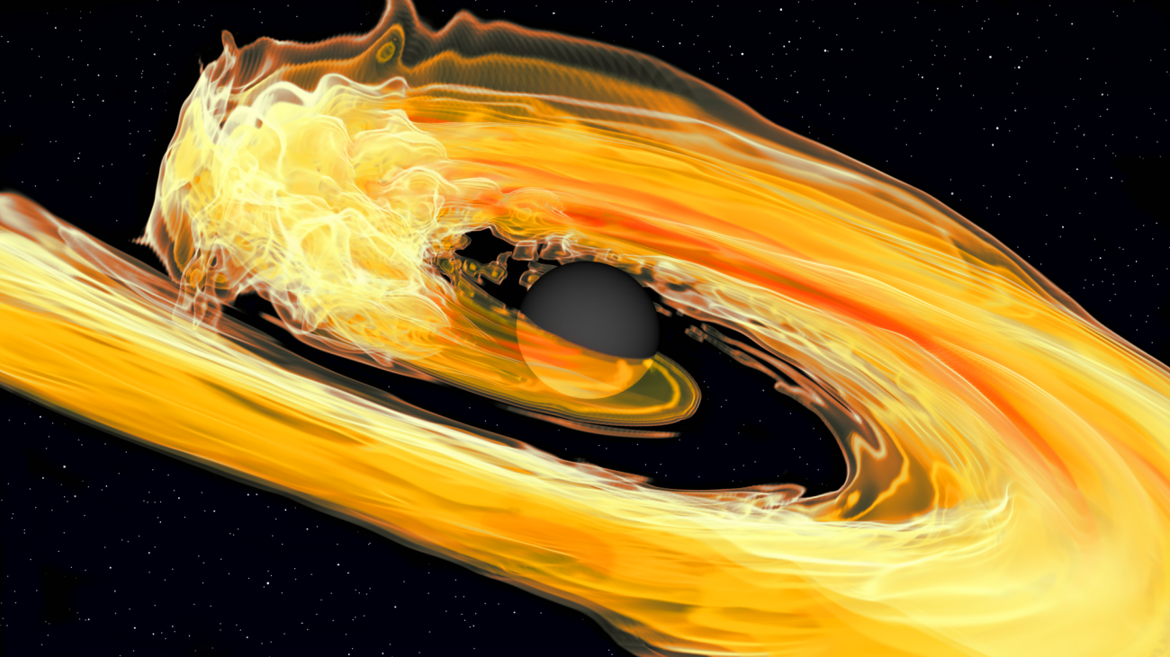 Wizualizacja pokazująca, co się dzieje, gdy gwiazda neutronowa zostaje rozerwana i połknięta przez czarną dziurę