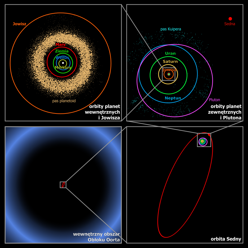 Przypuszczalne rozmiary Obłoku Oorta w porównaniu z resztą Układu Słonecznego. Źródło: Adi/Wikipedia