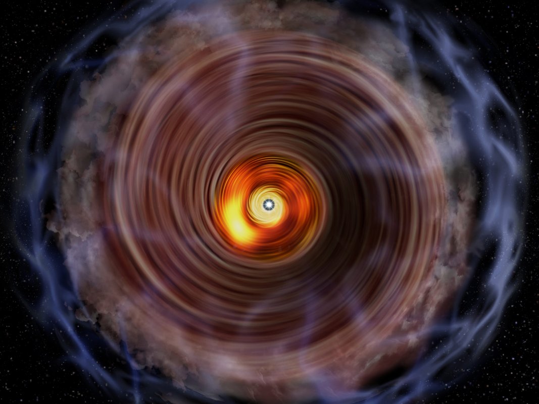 Wizja artystyczna dysku gazowego i powłoki otaczającej masywną protogwiazdę.