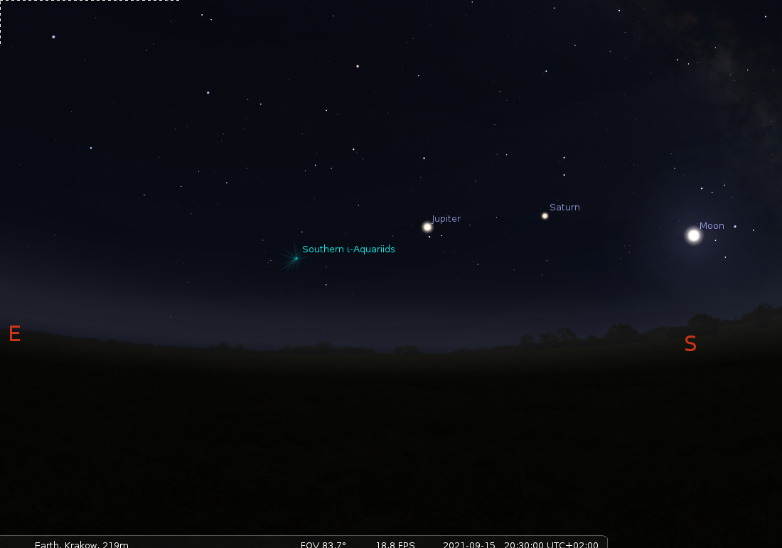 Wrześniowe niebo nad Krakowem – 15 września 2021 po godzinie 20:30. Źródło: Stellarium.